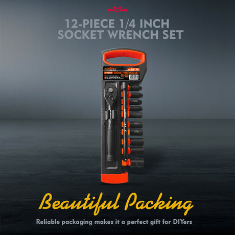 12-Piece 1/4 Inch Drive Ratchet Socket Wrench Set with Metric Sockets 4mm-13mm, 72 Tooth Quick Release Ratchet and 6 Inch Extension Bar