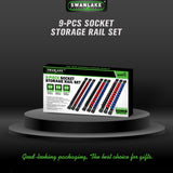 9-piece socket storage rail set with 1/4, 3/8 and 1/2 inch drive clips, ABS socket organizer rails for toolbox wall and workbench storage