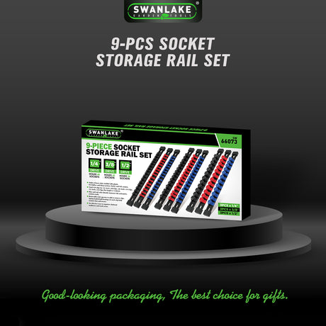 9-piece socket storage rail set with 1/4, 3/8 and 1/2 inch drive clips, ABS socket organizer rails for toolbox wall and workbench storage