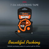 25FT 7.5M self-locking measuring tape with dual scale, belt clip, wrist strap, carbon steel blade and ABS rubber case
