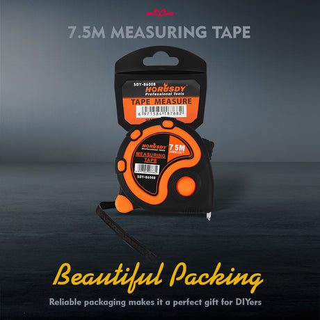 25FT 7.5M self-locking measuring tape with dual scale, belt clip, wrist strap, carbon steel blade and ABS rubber case