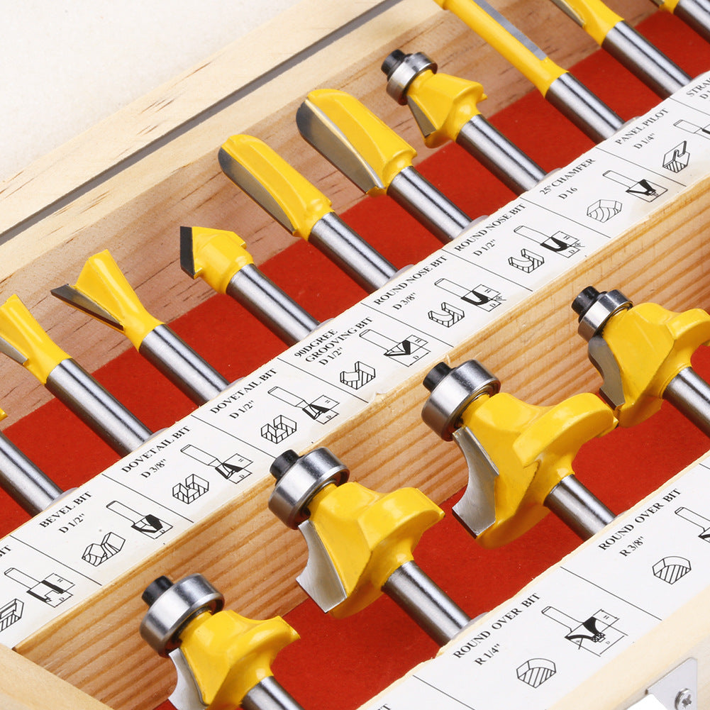 24-piece 1/4 inch shank router bits set in wooden storage case with straight, flush trim, round over, cove, chamfer, dovetail, mortising, slot cutter and grooving bits for woodworking