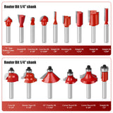 15-piece 1/4 inch shank router bit set in wooden storage case with straight, dovetail, cove, cove box, Roman ogee, corner round, chamfer, mortising and V-slot bits for woodworking