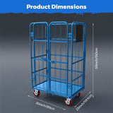 Blue heavy duty double-door logistics trolley cage with lockable swivel rubber wheels for warehouse storage and transport