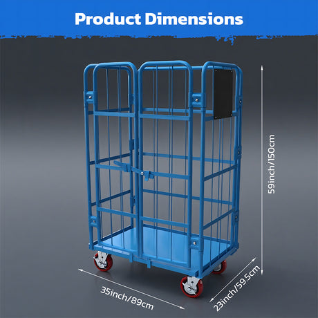 Blue heavy duty double-door logistics trolley cage with lockable swivel rubber wheels for warehouse storage and transport