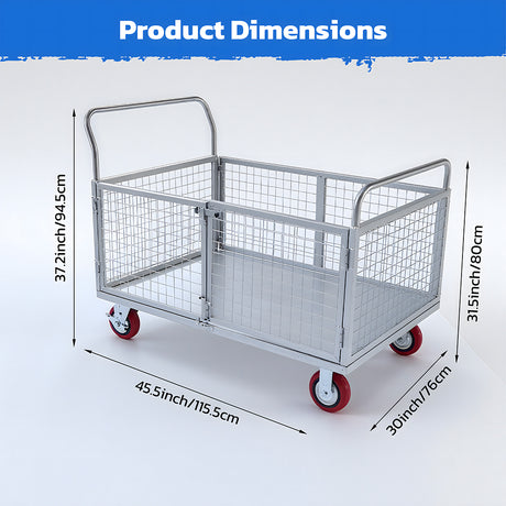 4-in-1 foldable blue caged platform trolley, 450kg load, heavy-duty steel cart with braked castors, flatbed warehouse and workshop cart AU
