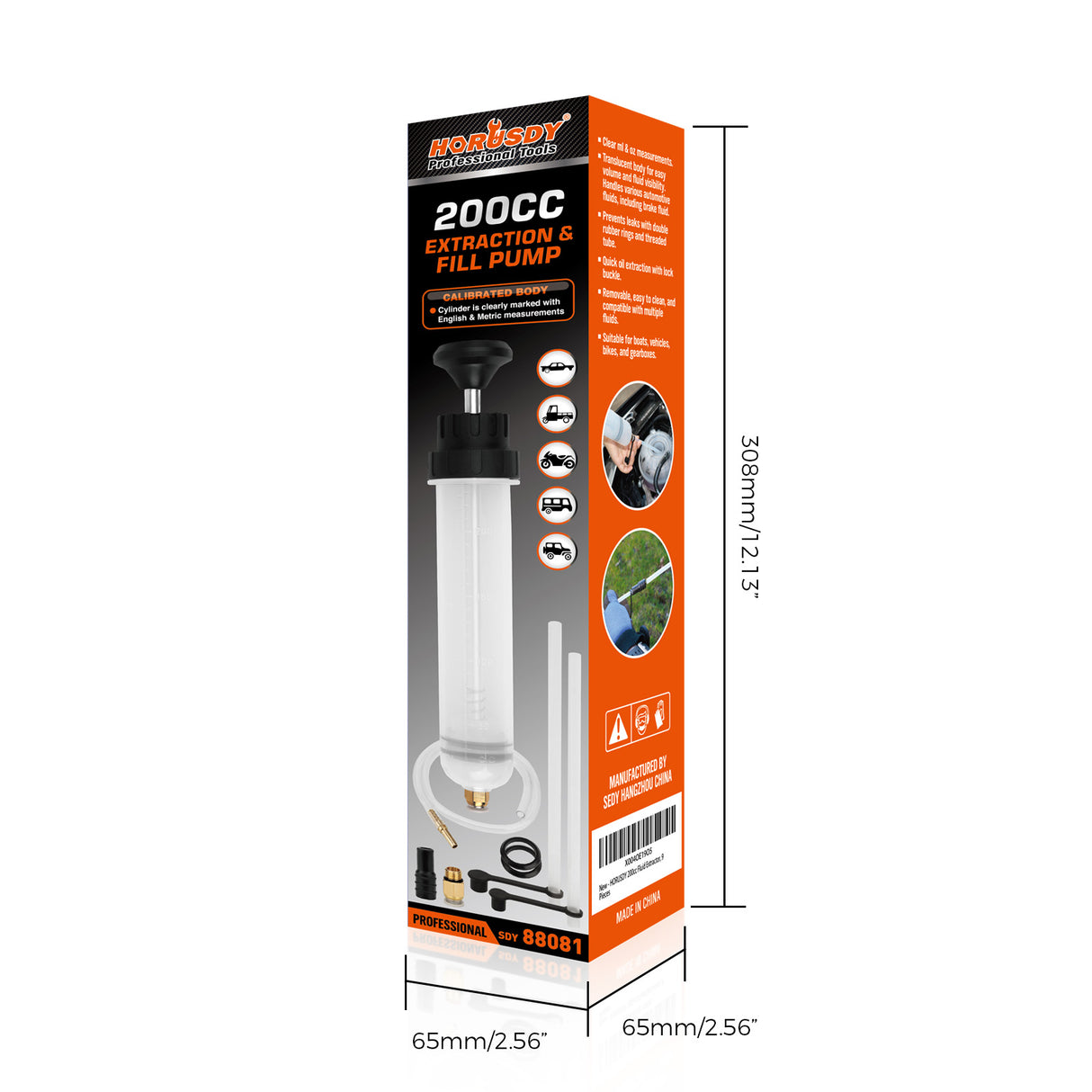 200cc fluid extractor pump with hose kit for transferring engine oil, coolant and brake fluid in automotive maintenance