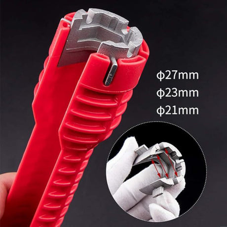 Red 8-in-1 sink wrench and faucet installer tool with adapters for under sink plumbing, basin nuts, valves and supply lines