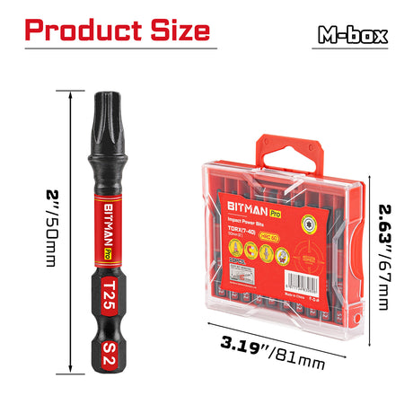 10-piece 2-inch Torx impact bit set with T7, T8, T9, T10, T15, T20, T25, T27, T30 and T40 magnetic S2 steel power bits, torsion zones and compact storage case.