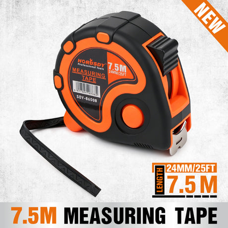 25FT 7.5M self-locking measuring tape with dual scale, belt clip, wrist strap, carbon steel blade and ABS rubber case