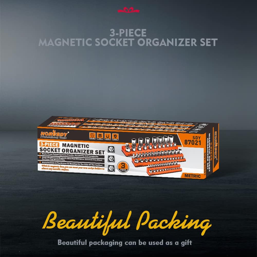 3-piece magnetic socket organizer set with 75 slots, orange metric socket holders for 1/4, 3/8 and 1/2 inch drive sockets, suitable for toolboxes and workshop storage.