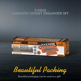 3-piece magnetic socket organizer set with 75 slots, orange metric socket holders for 1/4, 3/8 and 1/2 inch drive sockets, suitable for toolboxes and workshop storage.