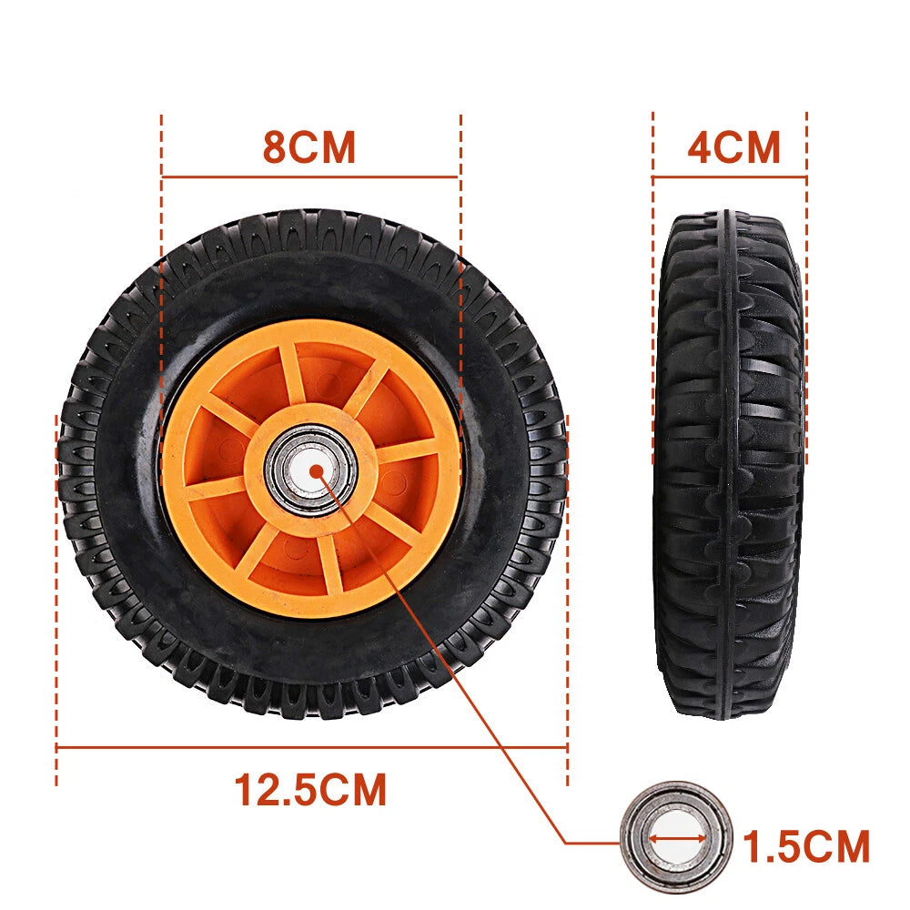 5 inch solid trolley wheel with plastic rim and 15mm bore for wheelbarrows, lawnmowers, carts and hand trucks.