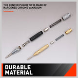 2-piece automatic center punch set with adjustable spring-loaded mechanism, hardened chrome vanadium steel tips and knurled grips for metal and woodworking
