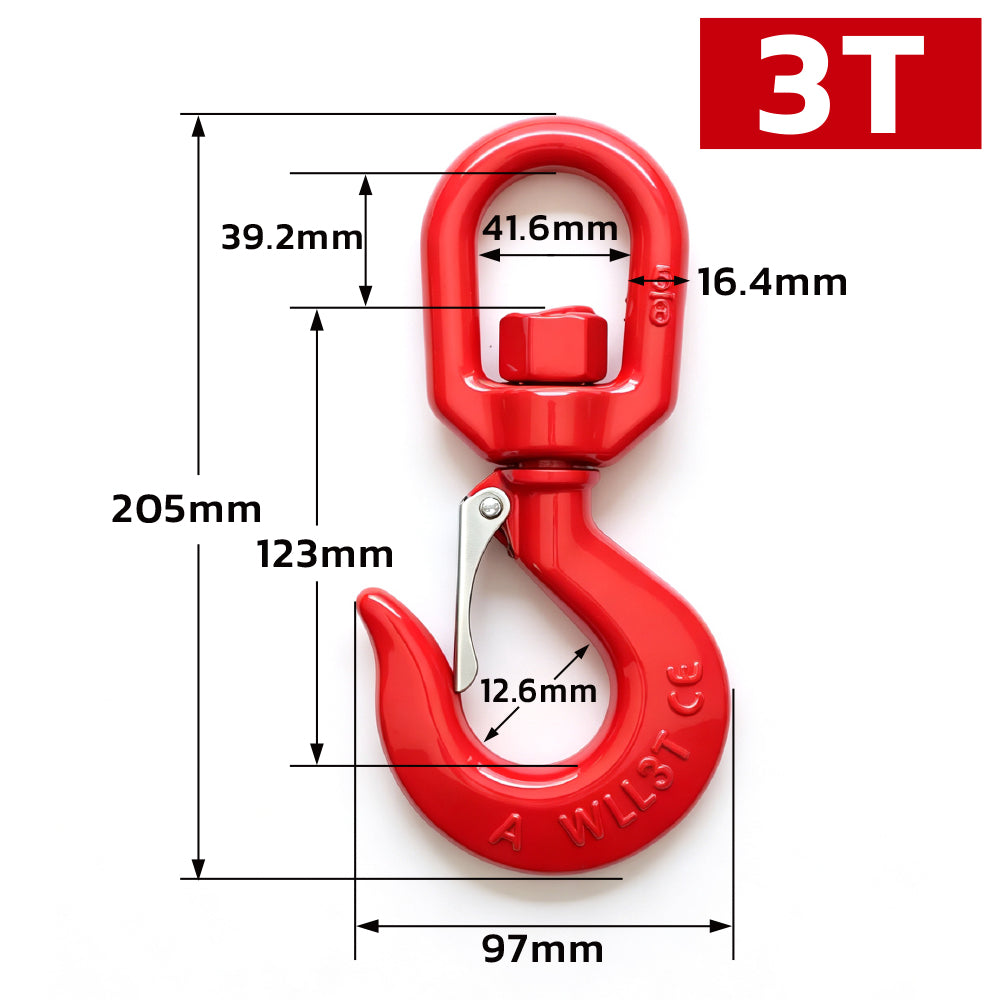 heavy-duty swivel lifting hook with safety latch and red powder-coated finish for rigging, hoisting and material handling