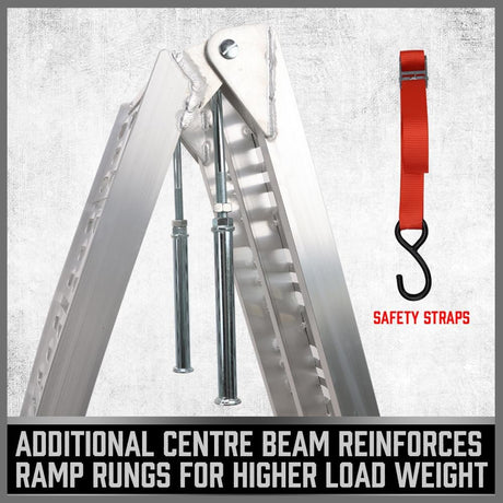 folding aluminum motorcycle loading ramp  with 230cm length, perforated anti-slip surface, centre support beam, soft-tipped loading points and safety straps for motorcycles, ATVs, dirt bikes, scooters and light equipment loading