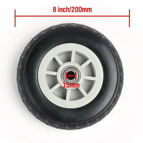 8-inch solid rubber replacement wheel with 15mm bearing bore for carts, trolleys and garden equipment