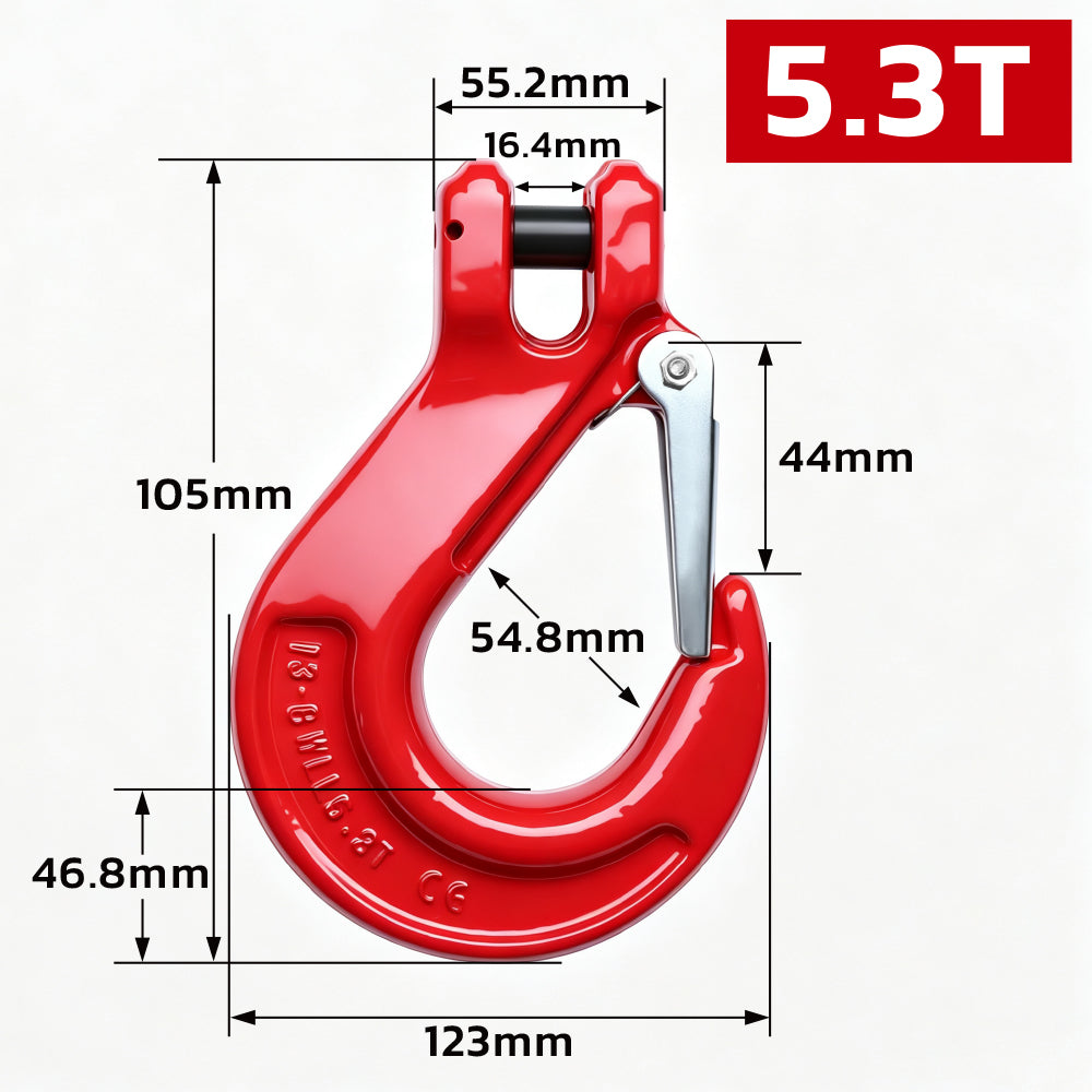 heavy-duty clevis slip hook with safety latch, cotter pin and red powder-coated finish for lifting, towing, recovery and rigging applications