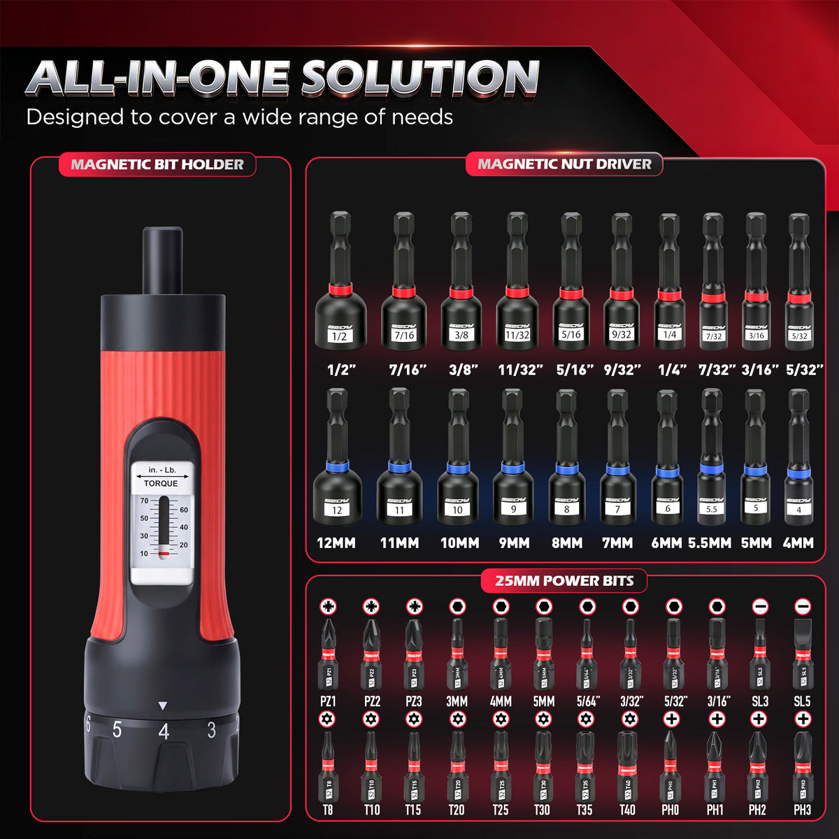 45-piece adjustable torque screwdriver set with 10-70 in-lb scale, 1/4-inch magnetic bit holder, 24 S2 bits and 20 SAE and metric nut drivers