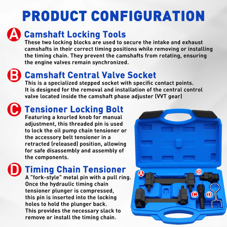 5-piece engine timing tool kit for VAG 2.4 and 3.2 FSI engines with camshaft locking tools, tensioner pin, and storage case for Audi and Volkswagen timing chain service