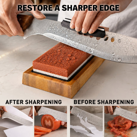 10-piece knife sharpening stone kit with 400/1000 and 3000/8000 grit whetstones, bamboo base, rubber bases, angle guide, Nagura stone, leather strop, cleaning towel and cut resistant gloves