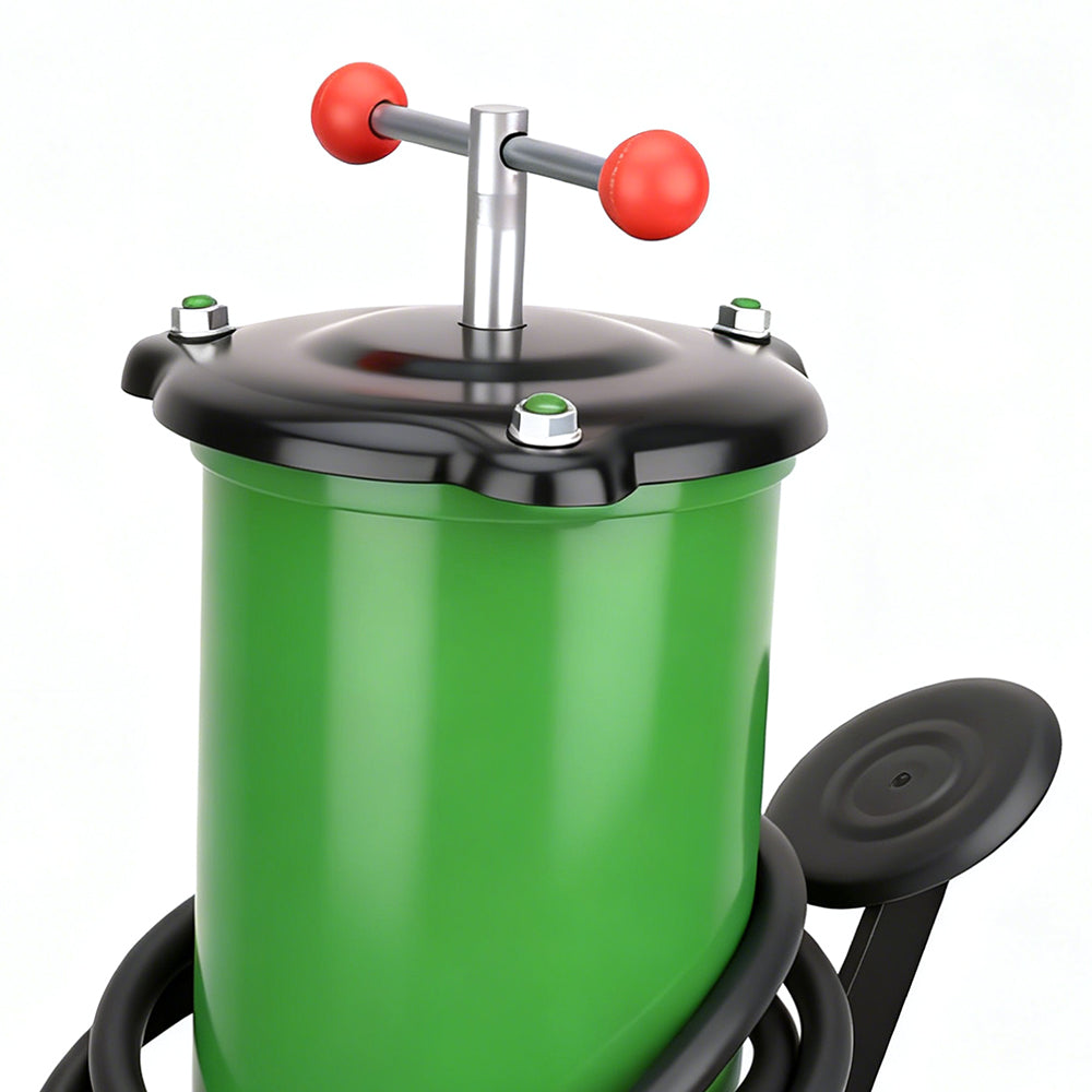 8L green foot-operated grease injector with reinforced hose and metal grease nozzle