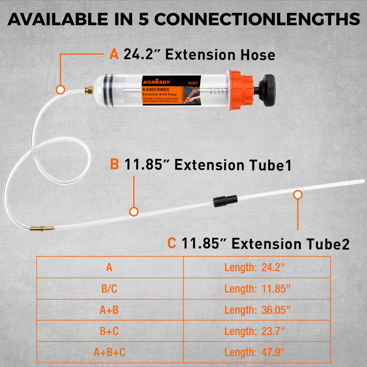 500cc manual fluid extractor and fill pump with transparent graduated cylinder, hand plunger, flexible hose, extension tubes and sealing accessories