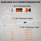 500cc manual fluid extractor and fill pump with transparent graduated cylinder, hand plunger, flexible hose, extension tubes and sealing accessories