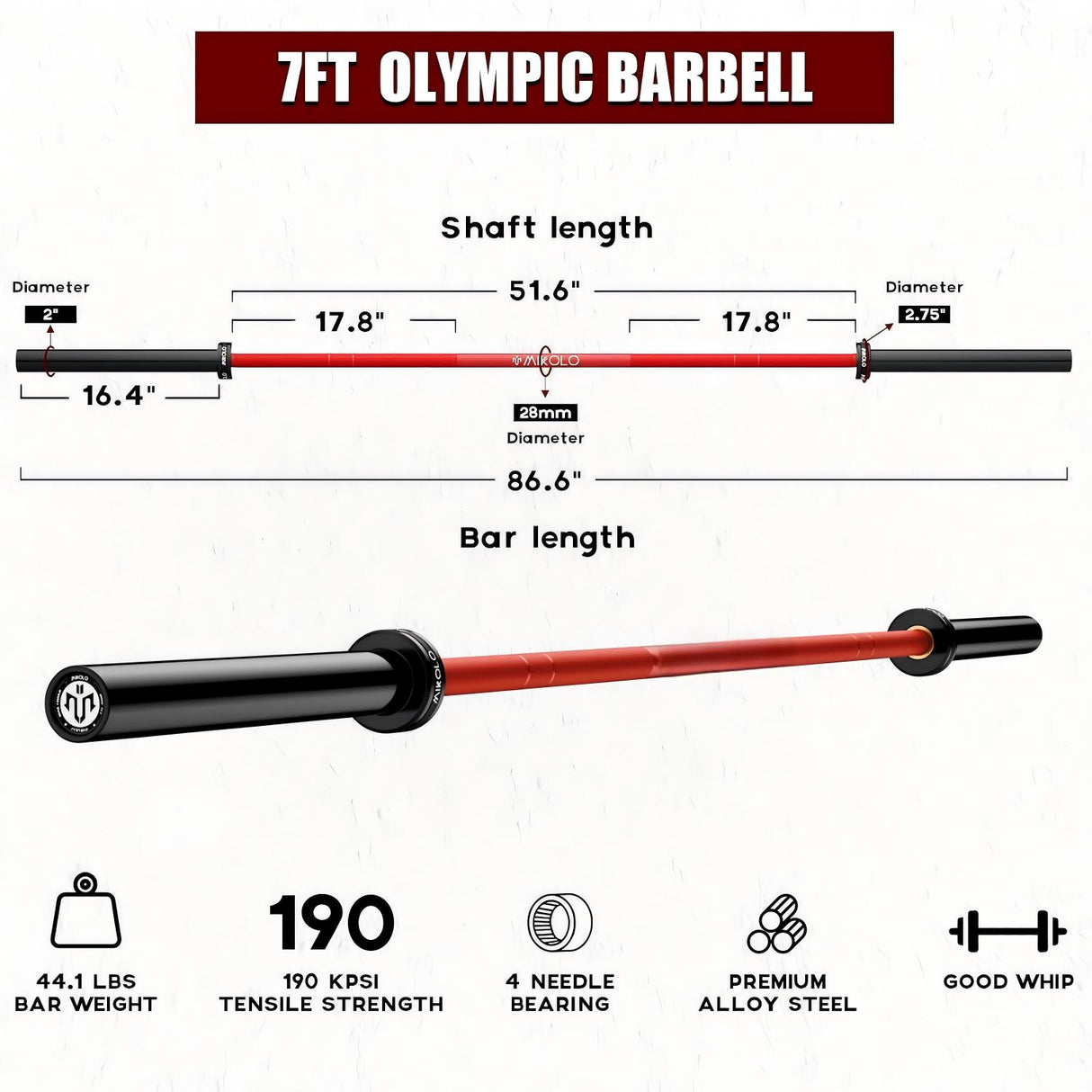 6FT and 7FT Olympic barbell bars with 2-inch sleeves, 28mm knurled shafts and rotating sleeves for home gym strength training