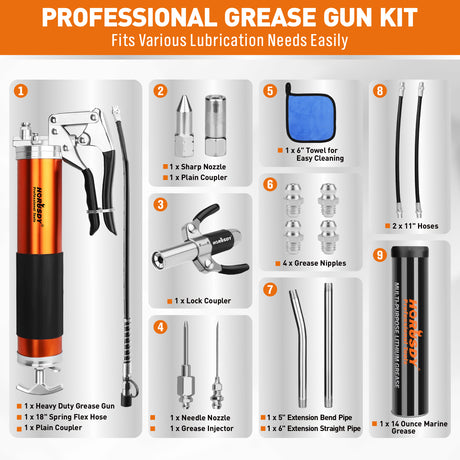 18-piece pistol grip grease gun kit with 8000 PSI pressure, flexible hose, lock coupler and multiple grease fittings