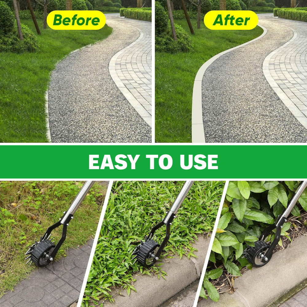 manual rolling lawn edger tool with 67.7 inch stainless steel handle, metal edging blade and guide wheel for trimming grass edges along sidewalks, driveways, garden paths and lawn borders