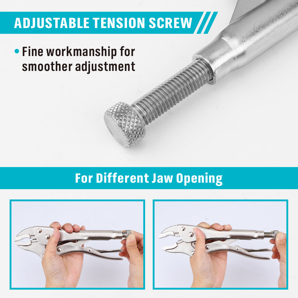 10 inch curved jaw locking pliers with adjustable tension screw, CR-MO steel serrated jaws and 1.6 inch jaw capacity