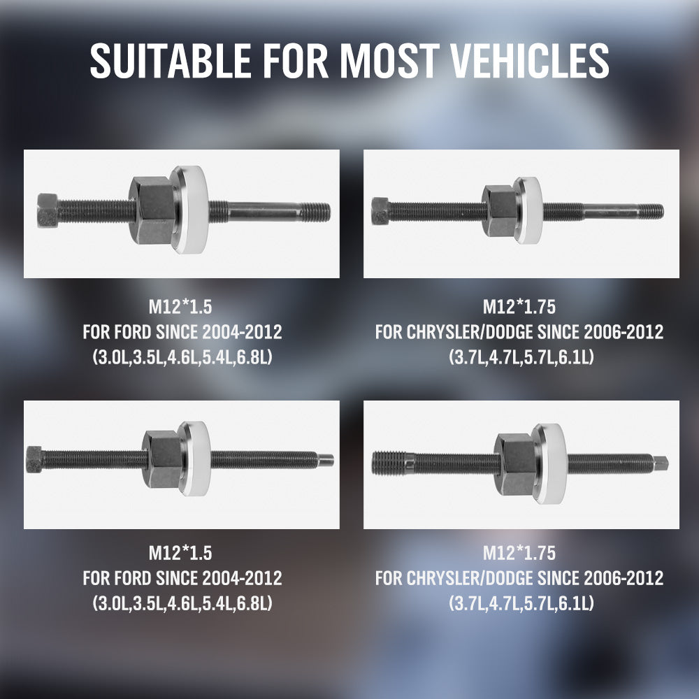 5-piece harmonic balancer installer tool kit with long bolts and bearing, fits Ford and Dodge engines, includes blue blow-moulded storage case