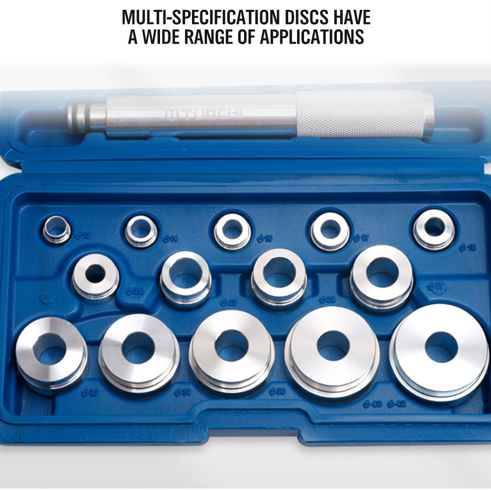 SEDY 17-piece wheel bearing installation tool kit with aluminum driver handles and multi-size bearing discs in blue storage case for car repair