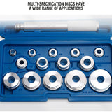 SEDY 17-piece wheel bearing installation tool kit with aluminum driver handles and multi-size bearing discs in blue storage case for car repair
