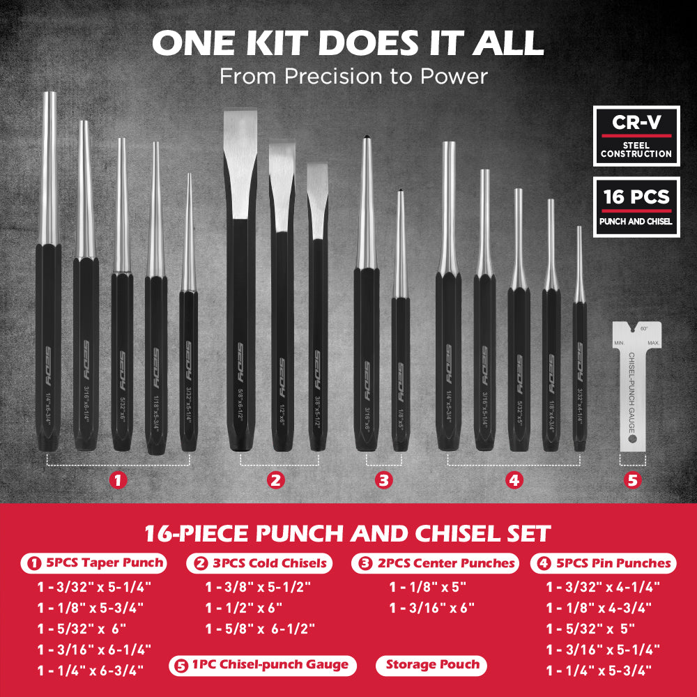 25-piece roll pin punch and punch and chisel set with CR-V steel tools, angle gauge, roll-up storage pouches and gift box