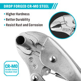 Curved jaw locking pliers in 5 inch and 10 inch options with drop forged CR-MO steel construction, adjustable tension screw, serrated jaws and quick release handle for clamping, gripping, tightening and holding metal, wood, pipe and workshop materials