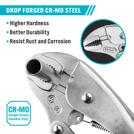 Curved jaw locking pliers in 5 inch and 10 inch options with drop forged CR-MO steel construction, adjustable tension screw, serrated jaws and quick release handle for clamping, gripping, tightening and holding metal, wood, pipe and workshop materials