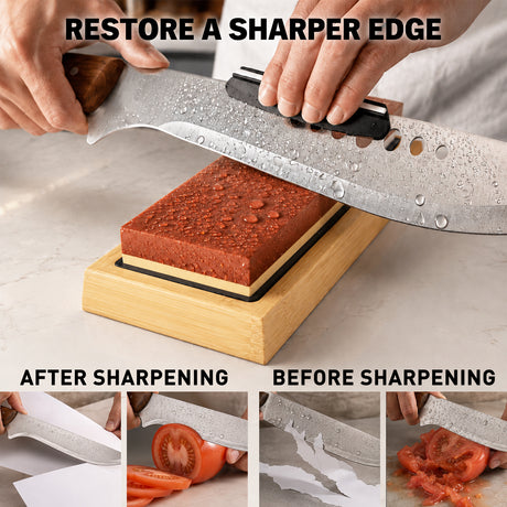 12-piece knife sharpening stone kit with 400/1000 and 3000/8000 grit whetstones, bamboo base, angle guide, honing guide, flattening stone, leather strop, green polishing compound and cut resistant gloves