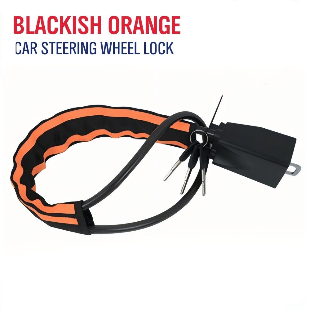 car steering wheel lock anti-theft device with flexible locking cable, covered steering wheel loop, keyed lock body and multiple color options including black, orange, blackish orange and red