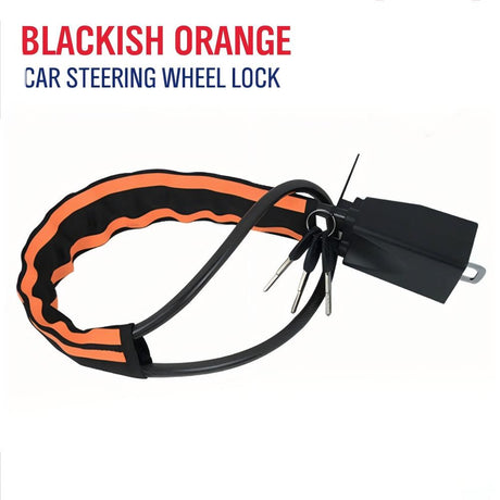 car steering wheel lock anti-theft device with flexible locking cable, covered steering wheel loop, keyed lock body and multiple color options including black, orange, blackish orange and red