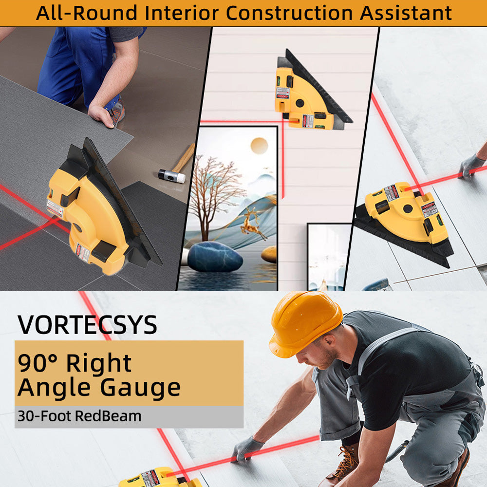 90 degree right angle laser level gauge with 30 ft red beam, dual bubble levels, measuring ruler edge and compact layout body for tile, flooring, wall, cabinet and interior construction alignment