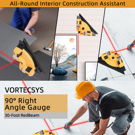 90 degree right angle laser level gauge with 30 ft red beam, dual bubble levels, measuring ruler edge and compact layout body for tile, flooring, wall, cabinet and interior construction alignment