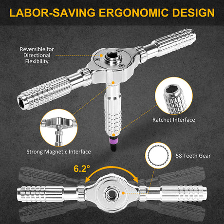 ELEAD 40-in-1 magnetic ratchet screwdriver kit with flexible handle, color-coded S2 bits, and portable locking case for precise repair and assembly tasks.
