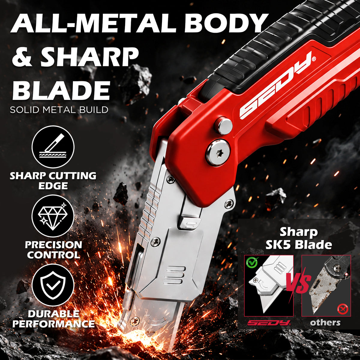 2-in-1 folding utility knife and scraper with SK5 blades, 3-angle locking, built-in blade storage and belt clip