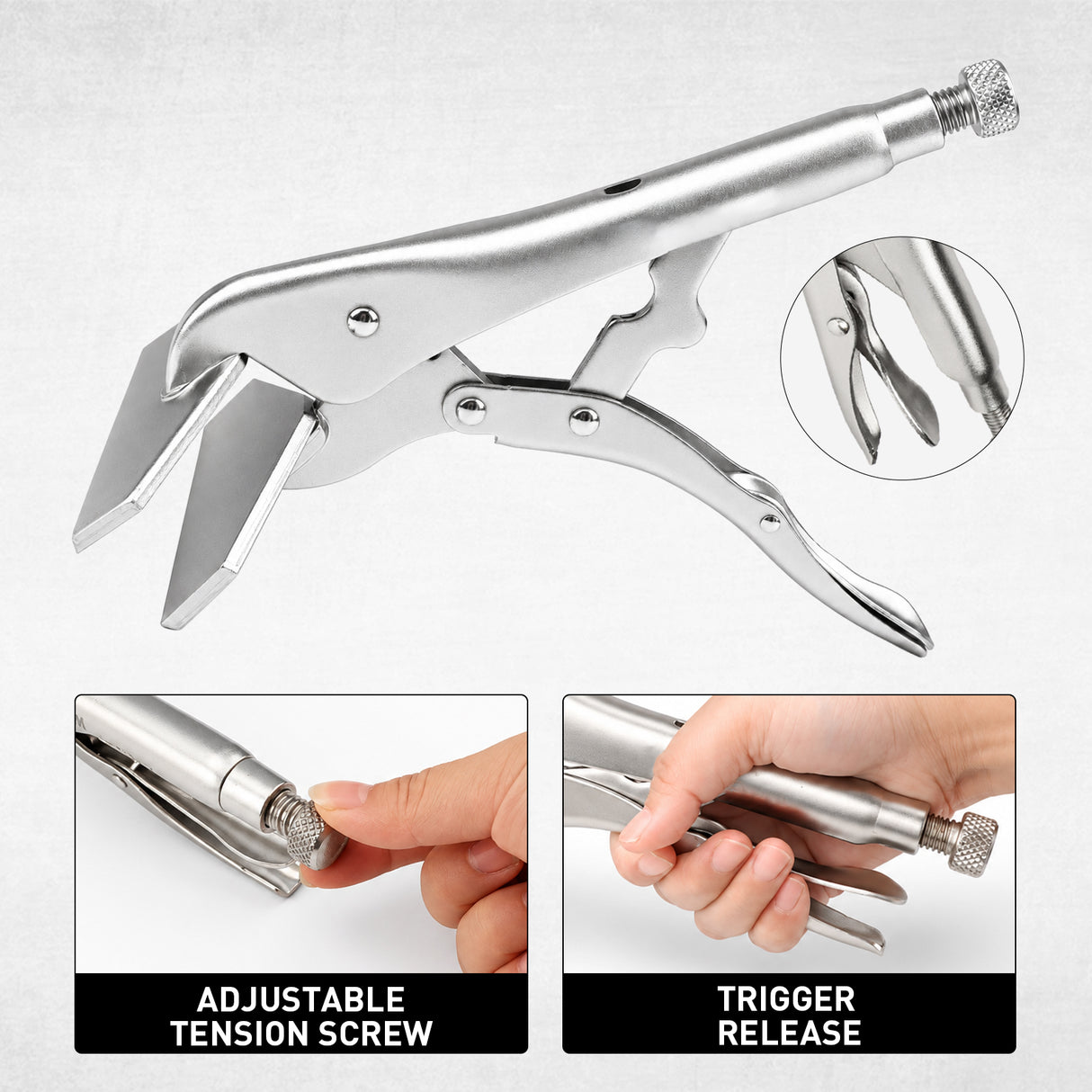10 inch sheet metal locking pliers with extra wide jaws, adjustable tension screw and trigger release for welding, ductwork and metalworking