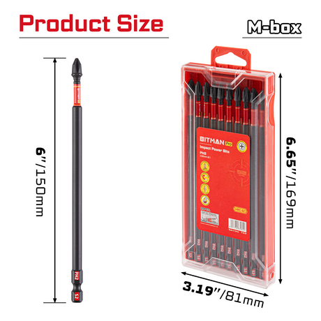 10-piece 6-inch PH2 impact power bit set made from heat-treated S2 alloy steel with magnetic CNC-machined tips, extended torsion zones and a storage case for impact drivers, drills, woodworking and repair tasks.