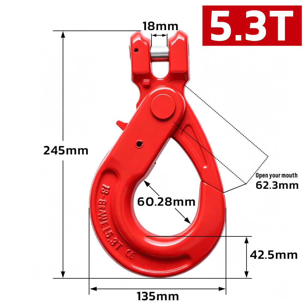 G80 clevis self-locking lifting hook with powder-coated finish and secure locking gate for chain rigging, hoisting and material handling