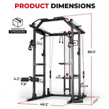 multi-function power cage power rack with cable crossover, lat pulldown, low row station and gym attachments for home strength training