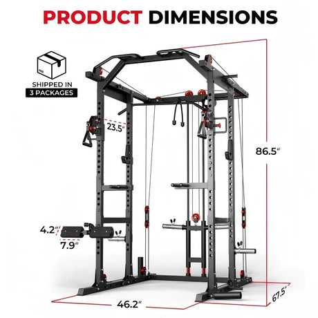 multi-function power cage power rack with cable crossover, lat pulldown, low row station and gym attachments for home strength training